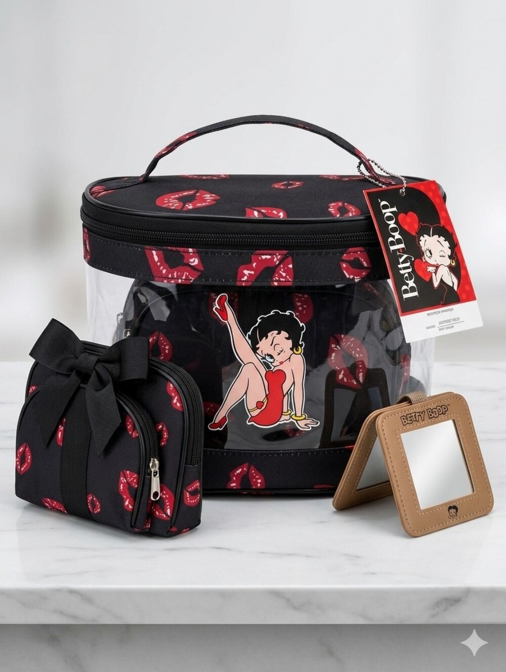NWT Betty Boop 4-Piece Cosmetic Bag Set Travel Makeup Case Black